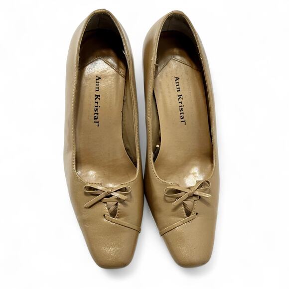 Ann Kristal Leather Pumps 5.5M Camel Tan Bow Square Toe Block Heel Y2K Eulalia - Picture 3 of 11